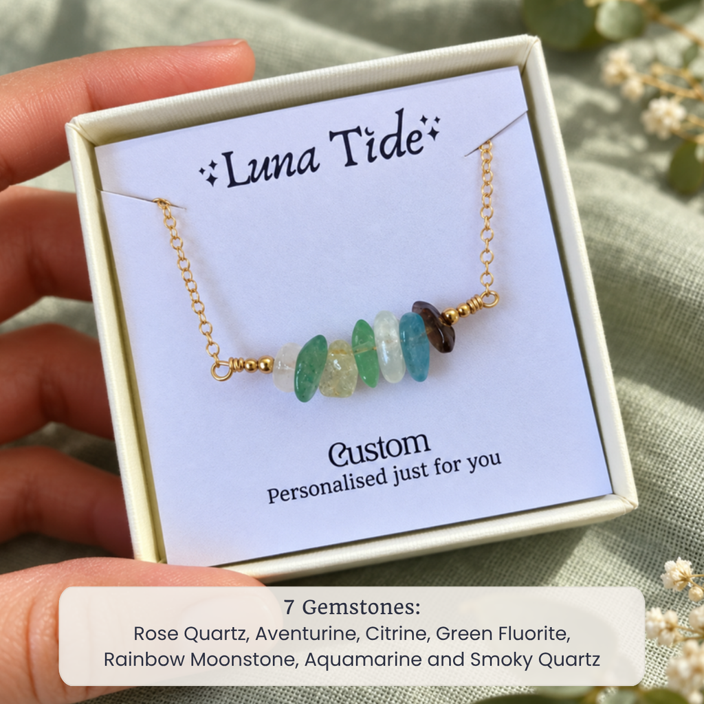 Custom crystal chip bead bar necklace with 7 Gemstones: Rose Quartz, Aventurine, Citrine, Green Fluorite, Rainbow Moonstone, Aquamarine and Smoky Quartz