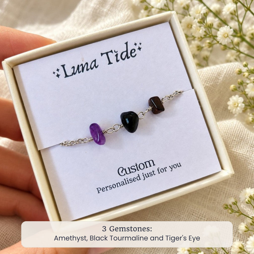 Custom gemstone beaded chain anklet with Amethyst, Black Tourmaline and Tiger's Eye in a Luna Tide gift box