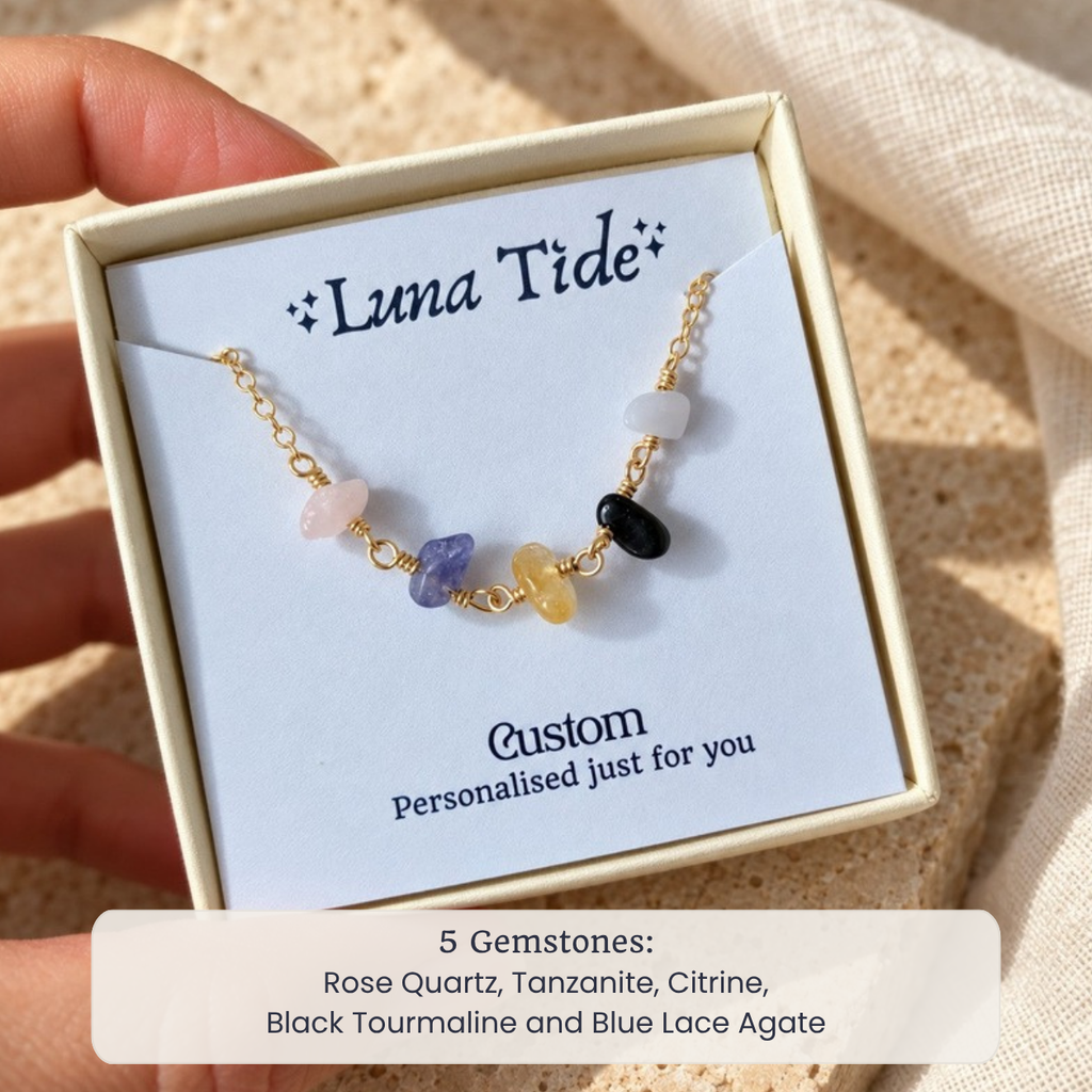 Custom gemstone beaded chain necklace with Rose Quartz, Tanzanite, Citrine, Black Tourmaline and Blue Lace Agate in a Luna Tide gift box