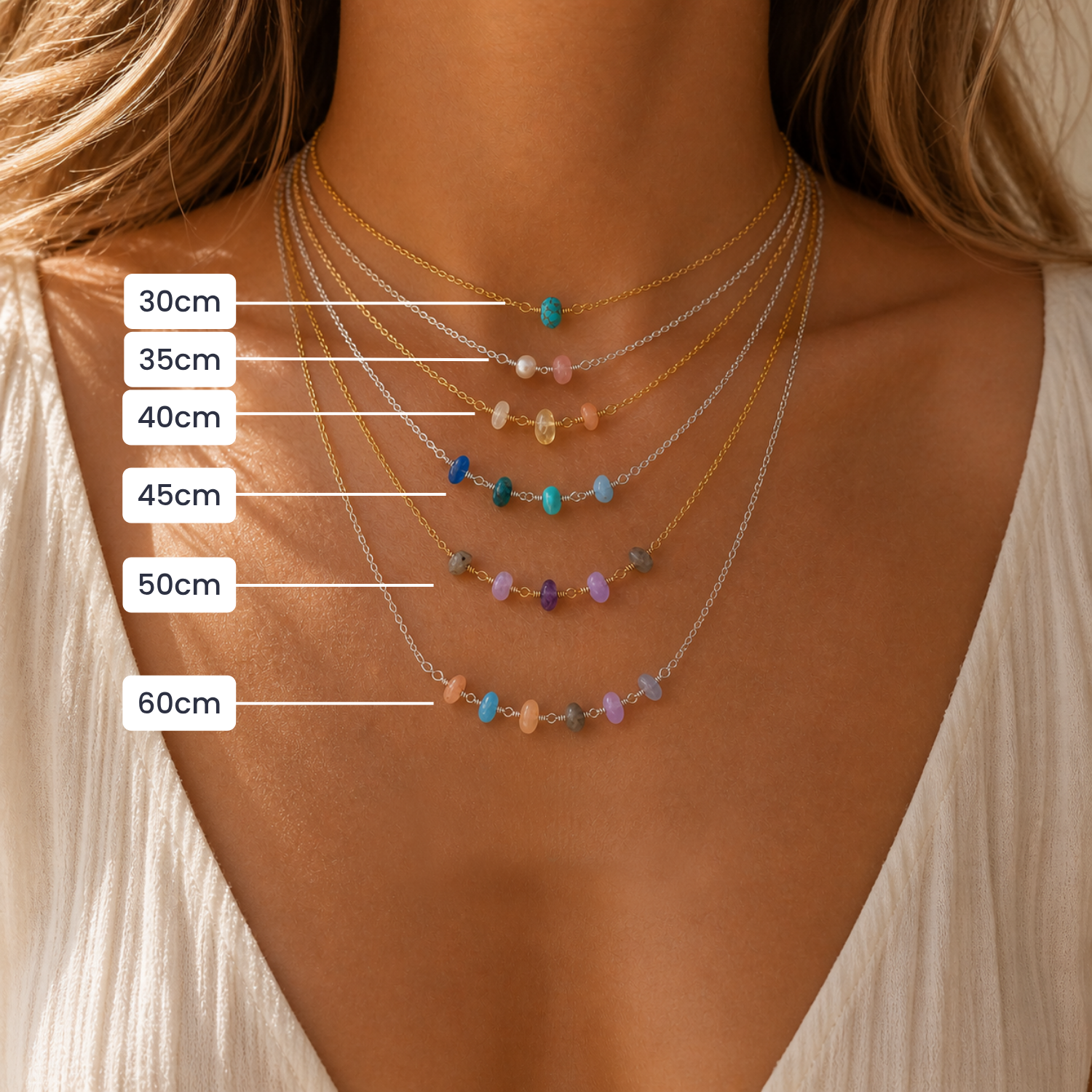 Custom Gemstone Beaded Chain Necklace - Custom Gemstone Beaded Chain Necklace - 14k Gold Fill / 30cm (12") - Choker - Luna Tide Handmade Crystal Jewellery
