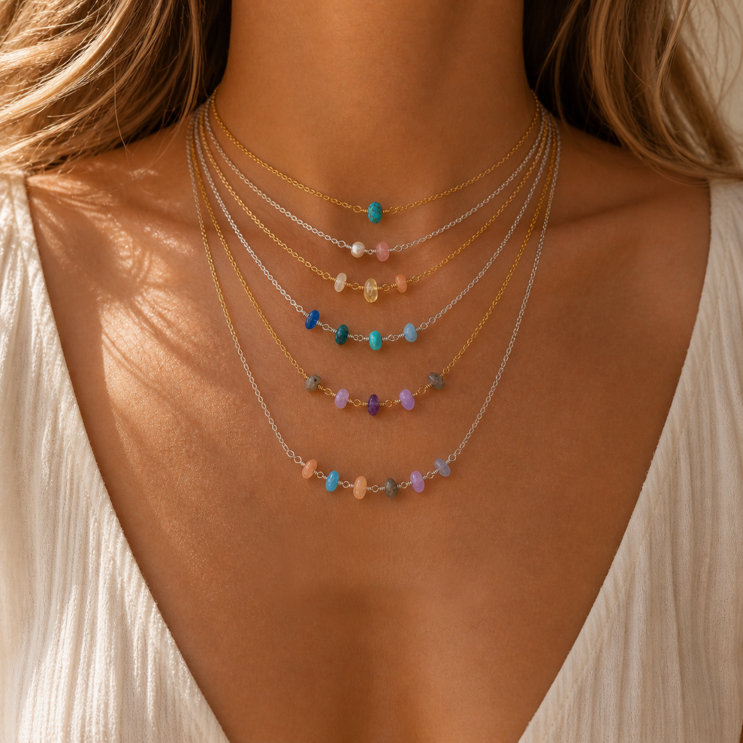 Custom Gemstone Beaded Chain Necklace - Custom Gemstone Beaded Chain Necklace - 14k Gold Fill / 30cm (12") - Choker - Luna Tide Handmade Crystal Jewellery