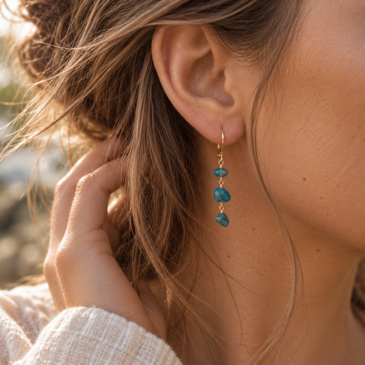 Apatite Crystal Beaded Chain Dangle Leverback Earrings