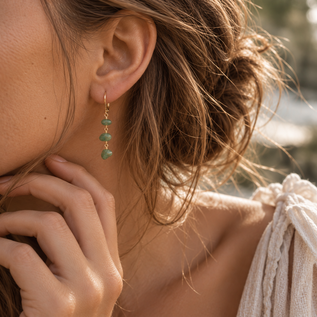 Aventurine Crystal Beaded Chain Dangle Leverback Earrings