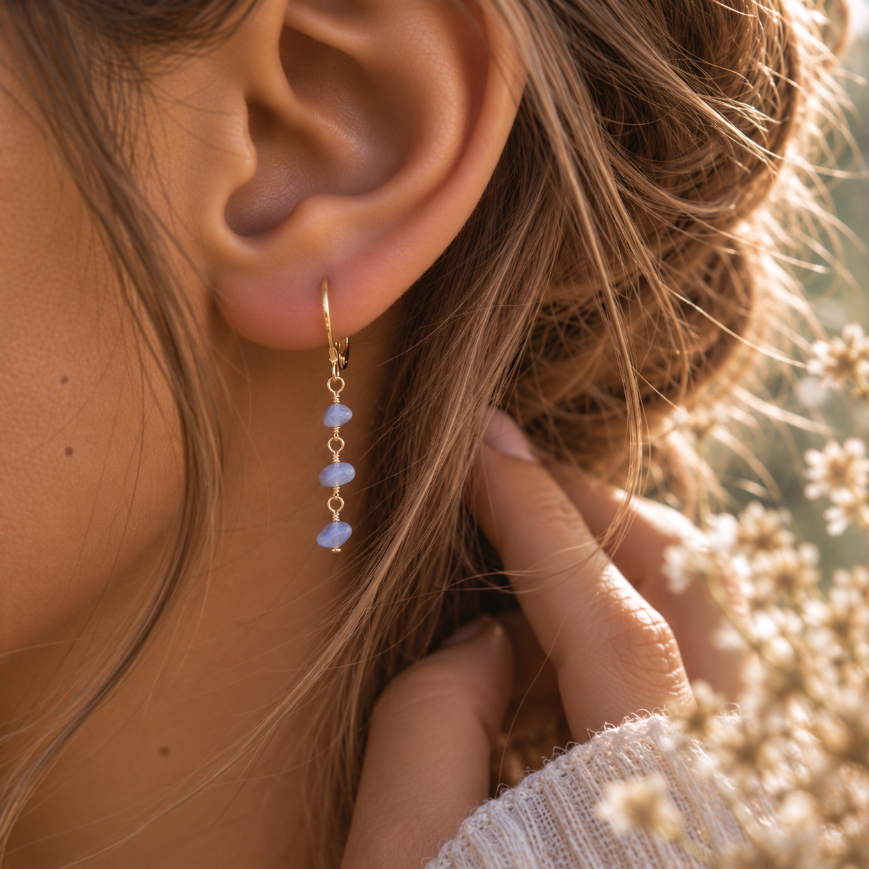 Blue Lace Agate Crystal Beaded Chain Dangle Leverback Earrings