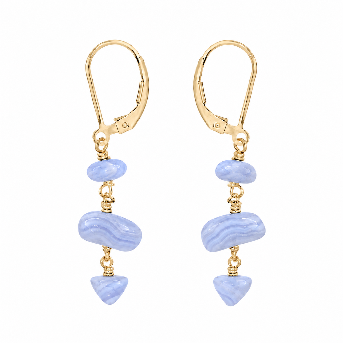 Blue Lace Agate Crystal Beaded Chain Dangle Leverback Earrings
