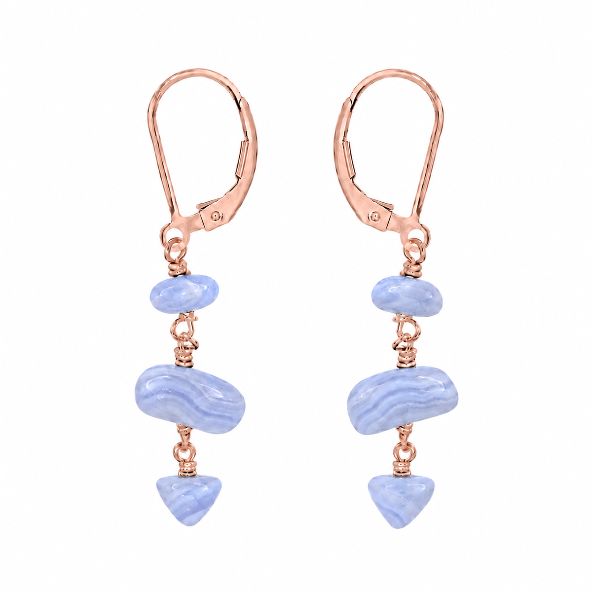 Blue Lace Agate Crystal Beaded Chain Dangle Leverback Earrings