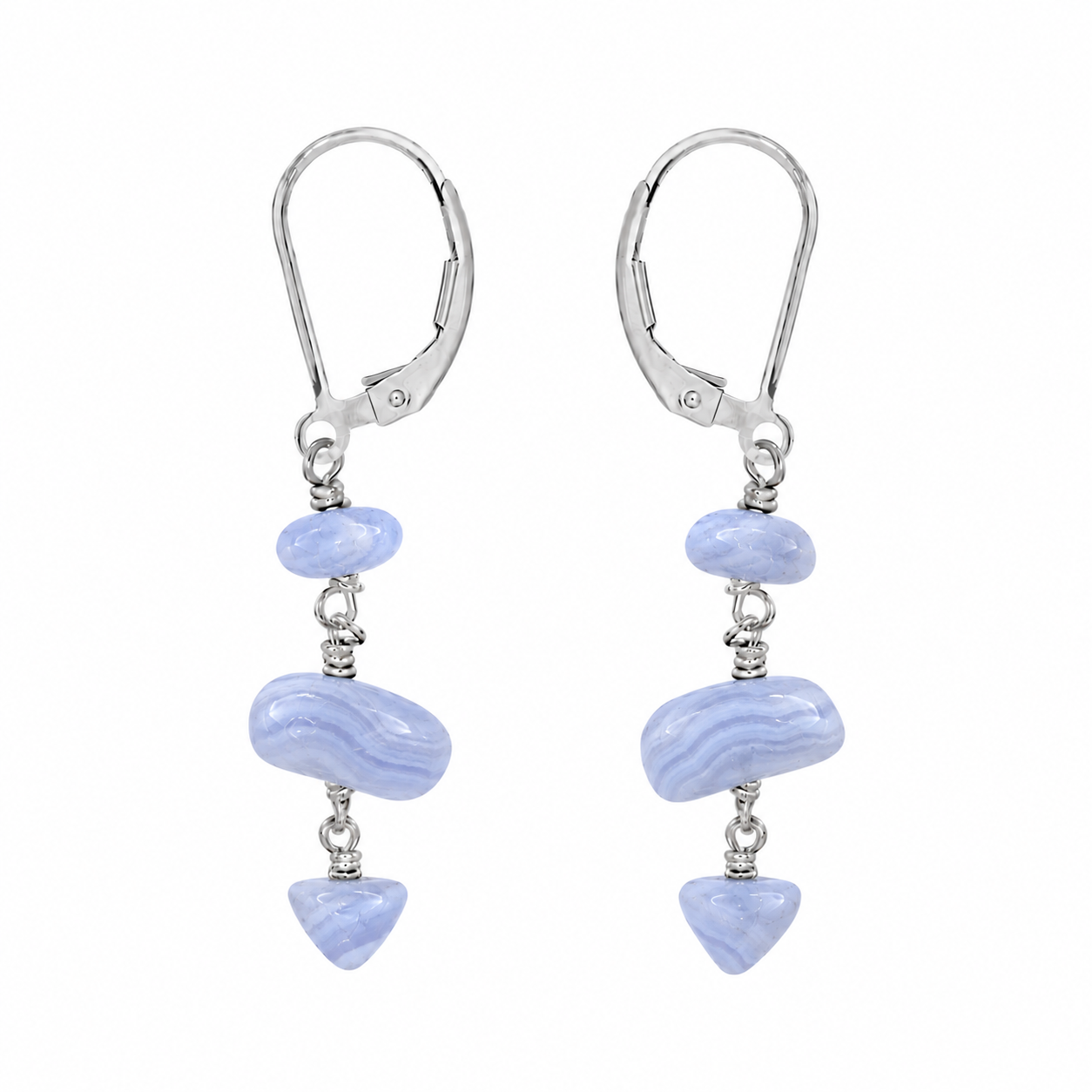 Blue Lace Agate Crystal Beaded Chain Dangle Leverback Earrings