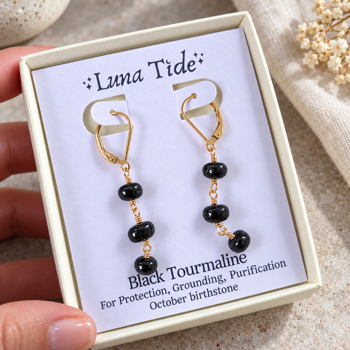 Black Tourmaline Crystal Beaded Chain Dangle Leverback Earrings