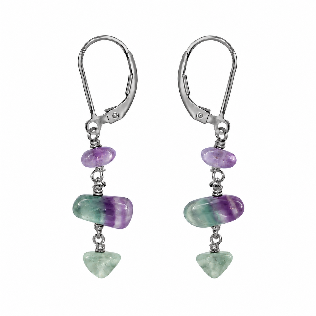 Fluorite Crystal Beaded Chain Dangle Leverback Earrings
