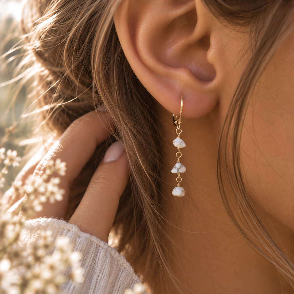 Howlite Crystal Beaded Chain Dangle Leverback Earrings