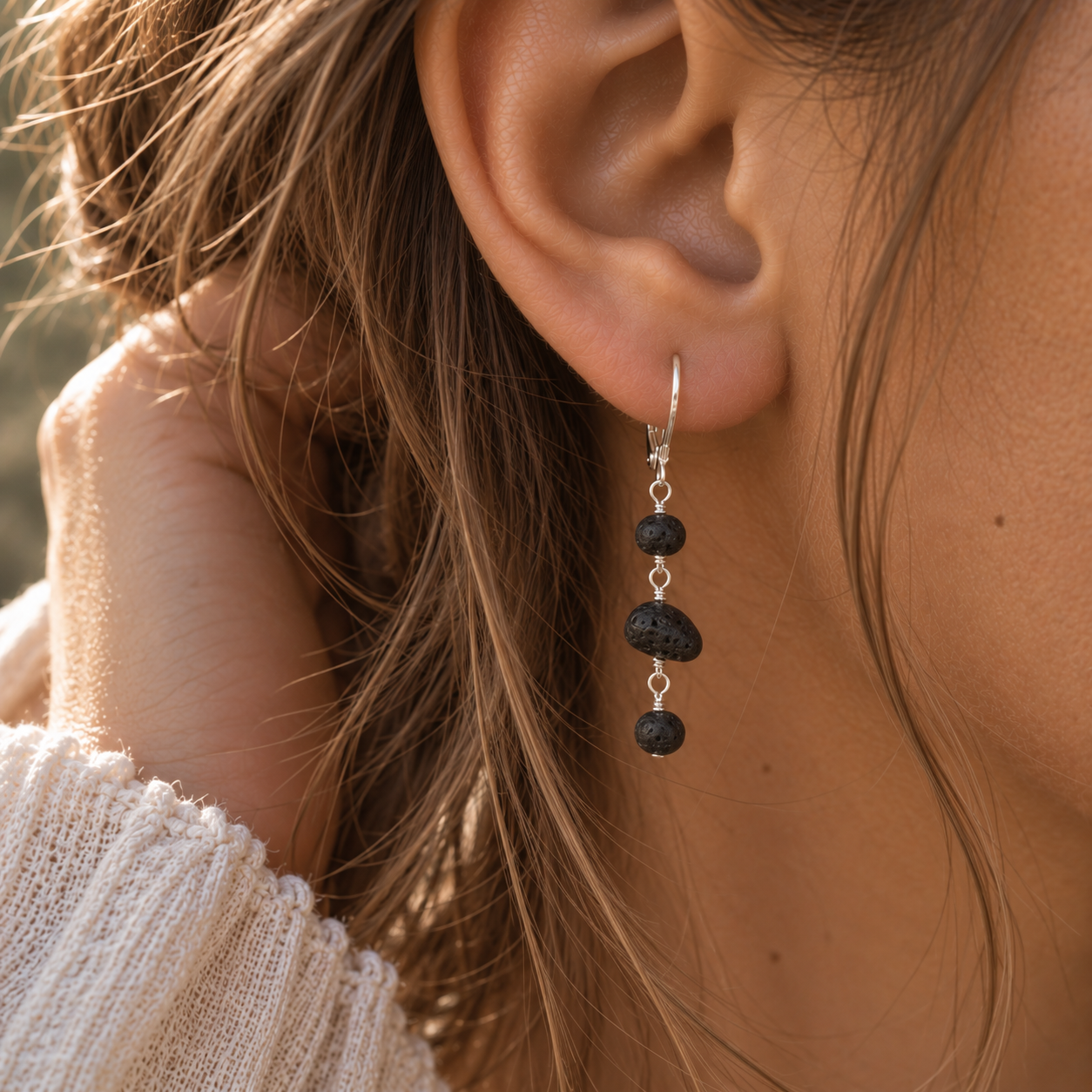 Lava Stone Beaded Chain Dangle Leverback Earrings