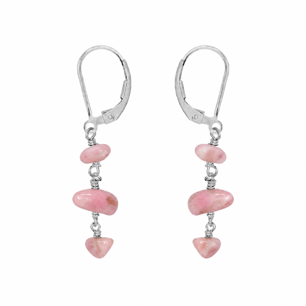 Pink Peruvian Opal Crystal Beaded Chain Dangle Leverback Earrings