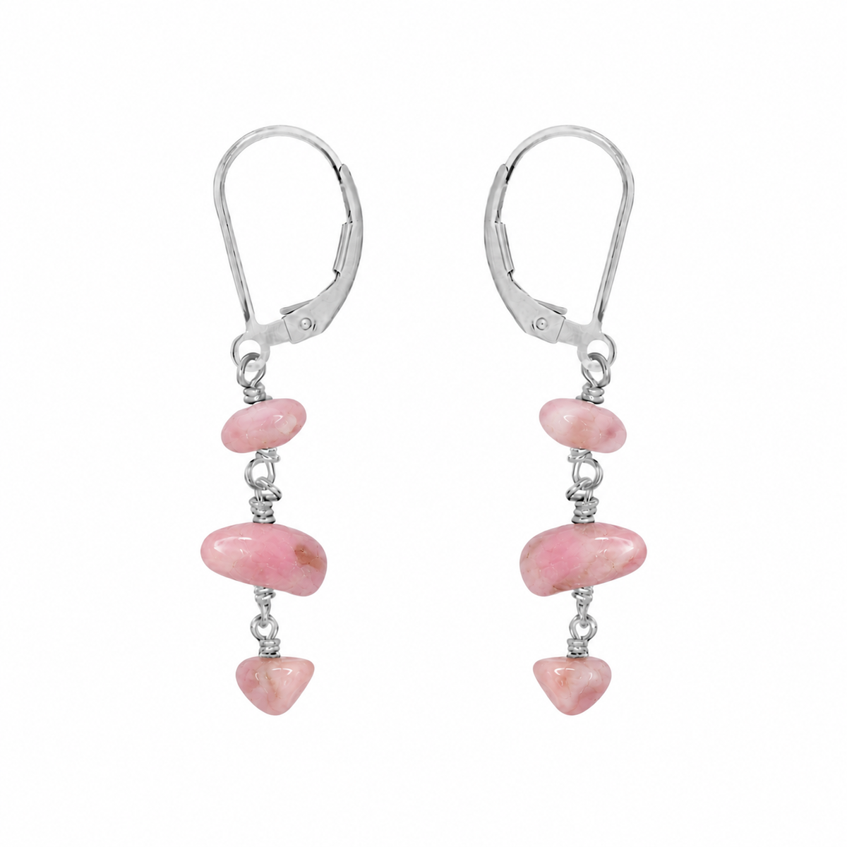 Pink Peruvian Opal Crystal Beaded Chain Dangle Leverback Earrings