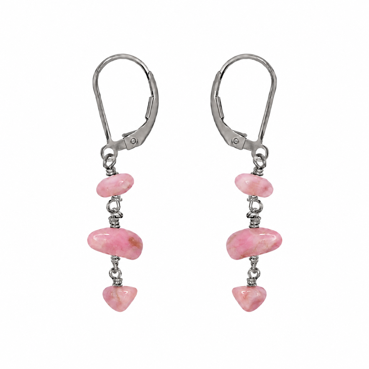 Pink Peruvian Opal Crystal Beaded Chain Dangle Leverback Earrings