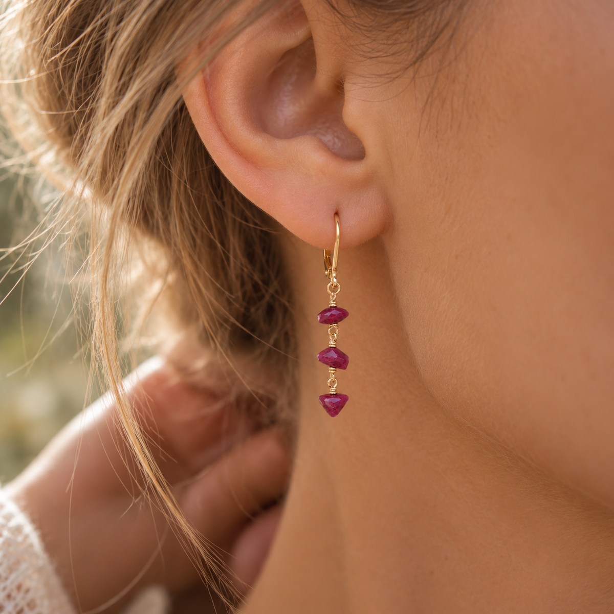 Ruby Crystal Beaded Chain Dangle Leverback Earrings