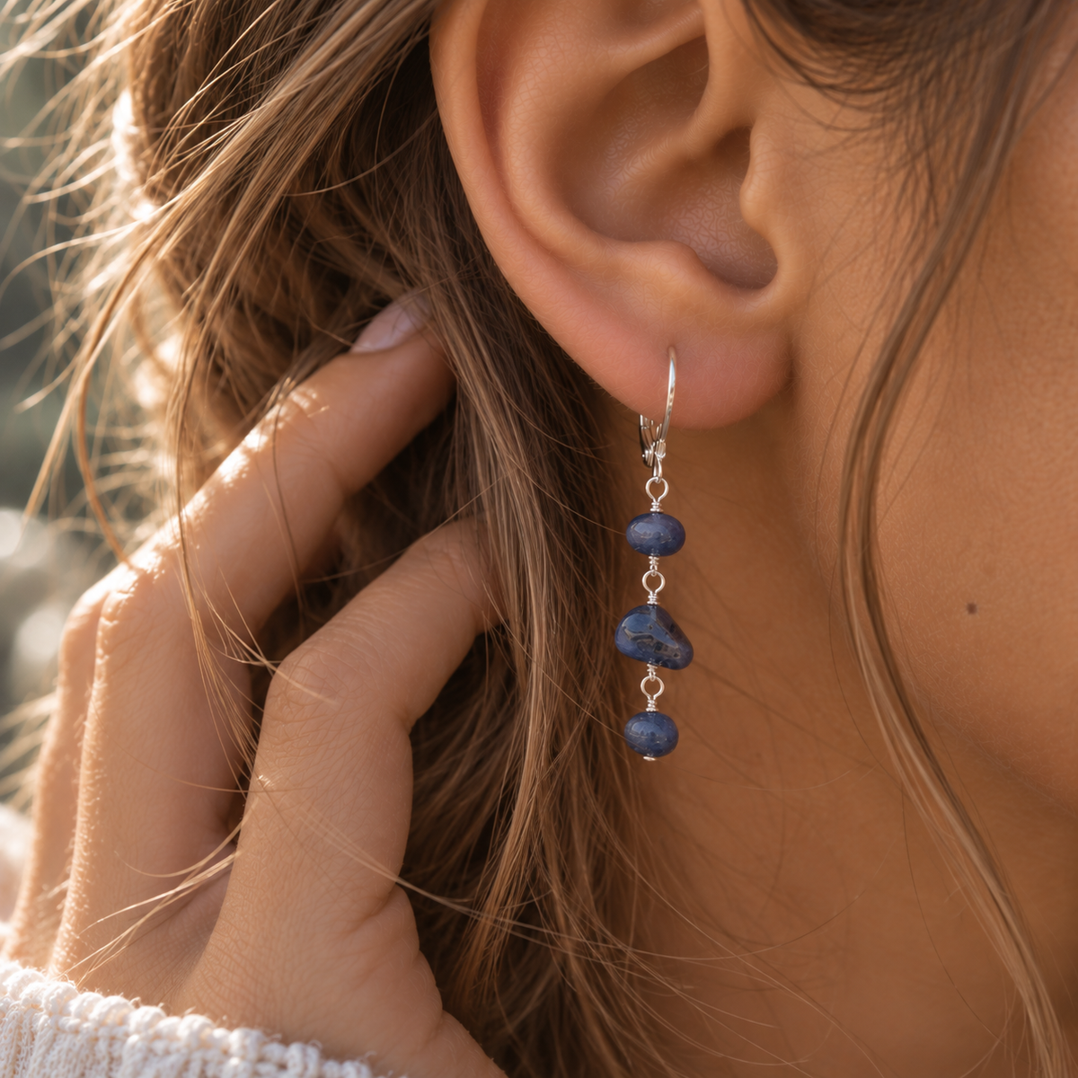 Sapphire Crystal Beaded Chain Dangle Leverback Earrings