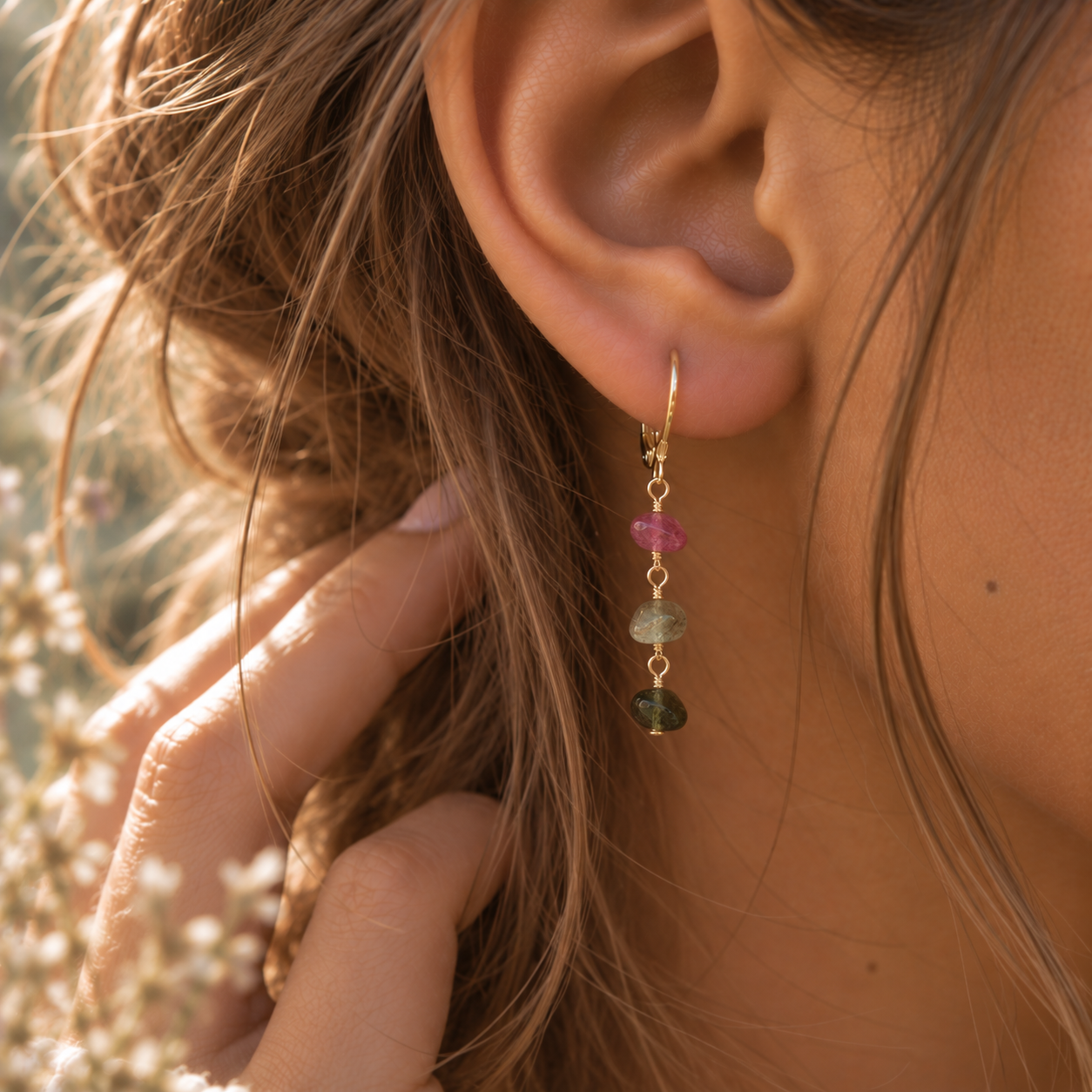 Rainbow Tourmaline Crystal Beaded Chain Dangle Leverback Earrings