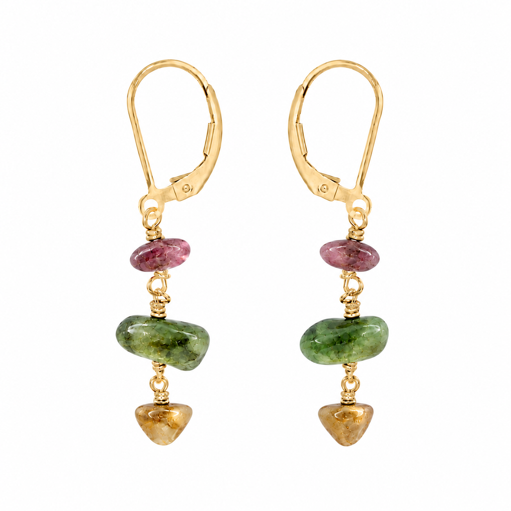 Rainbow Tourmaline Crystal Beaded Chain Dangle Leverback Earrings