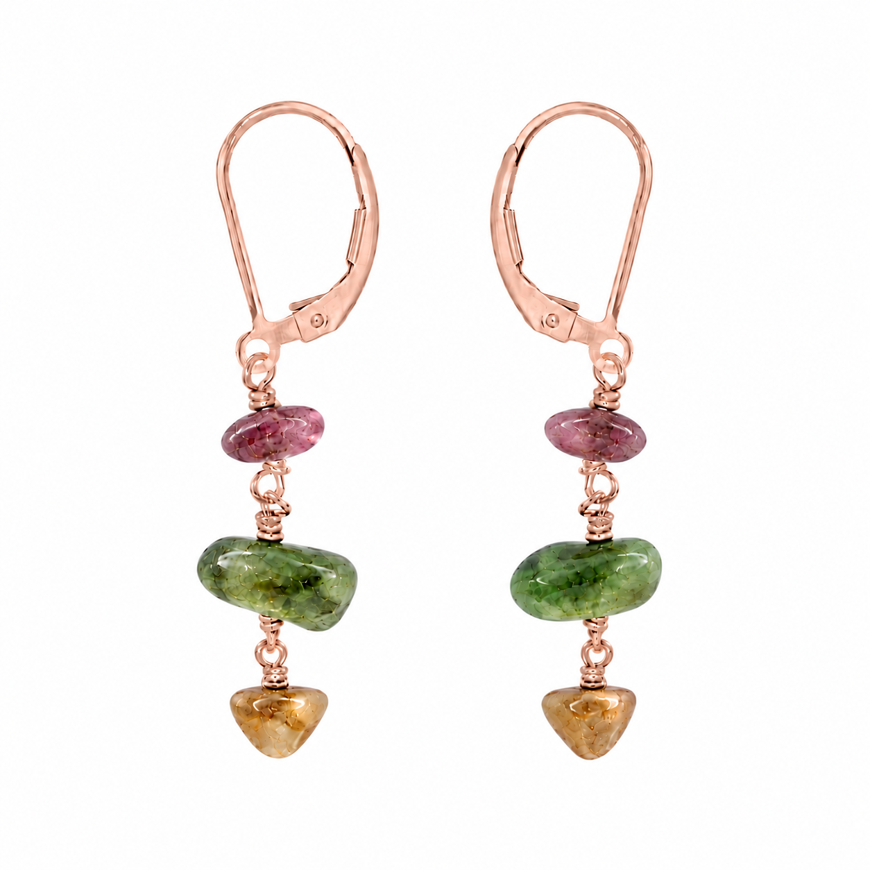 Rainbow Tourmaline Crystal Beaded Chain Dangle Leverback Earrings