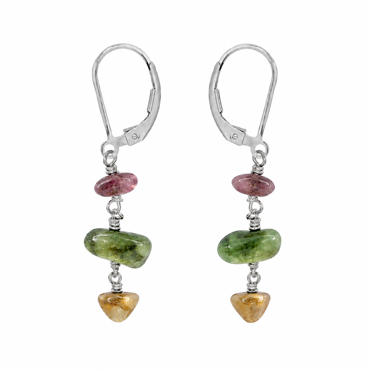 Rainbow Tourmaline Crystal Beaded Chain Dangle Leverback Earrings
