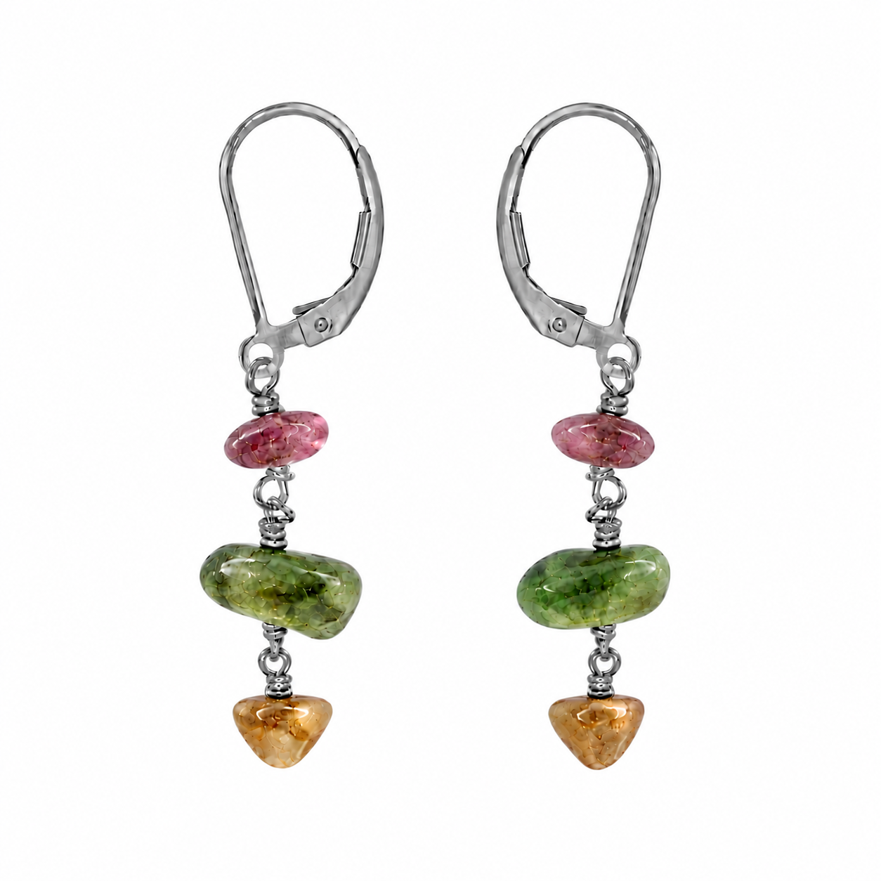 Rainbow Tourmaline Crystal Beaded Chain Dangle Leverback Earrings