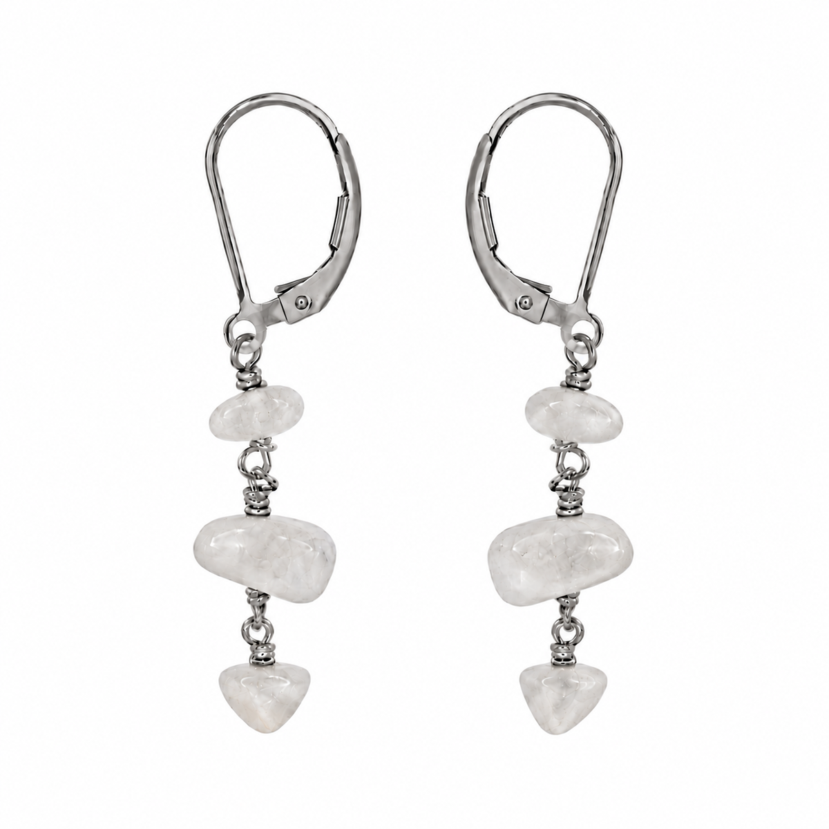 White Moonstone Crystal Beaded Chain Dangle Leverback Earrings