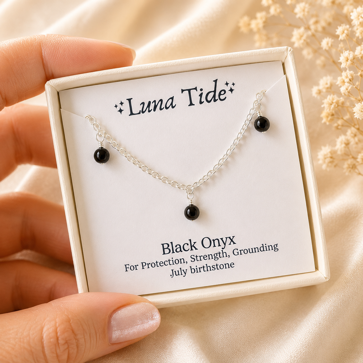 Boho Black Onyx Gemstone Bead Drop Anklet