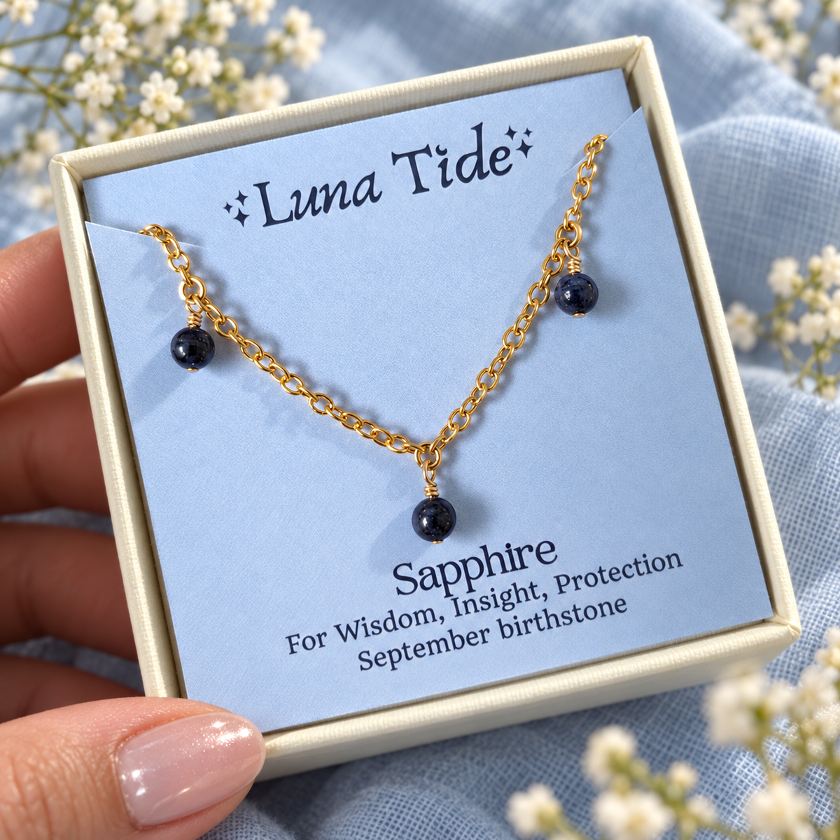 Boho Sapphire gemstone bead drop anklet in 14k gold fill in a Luna Tide gift box