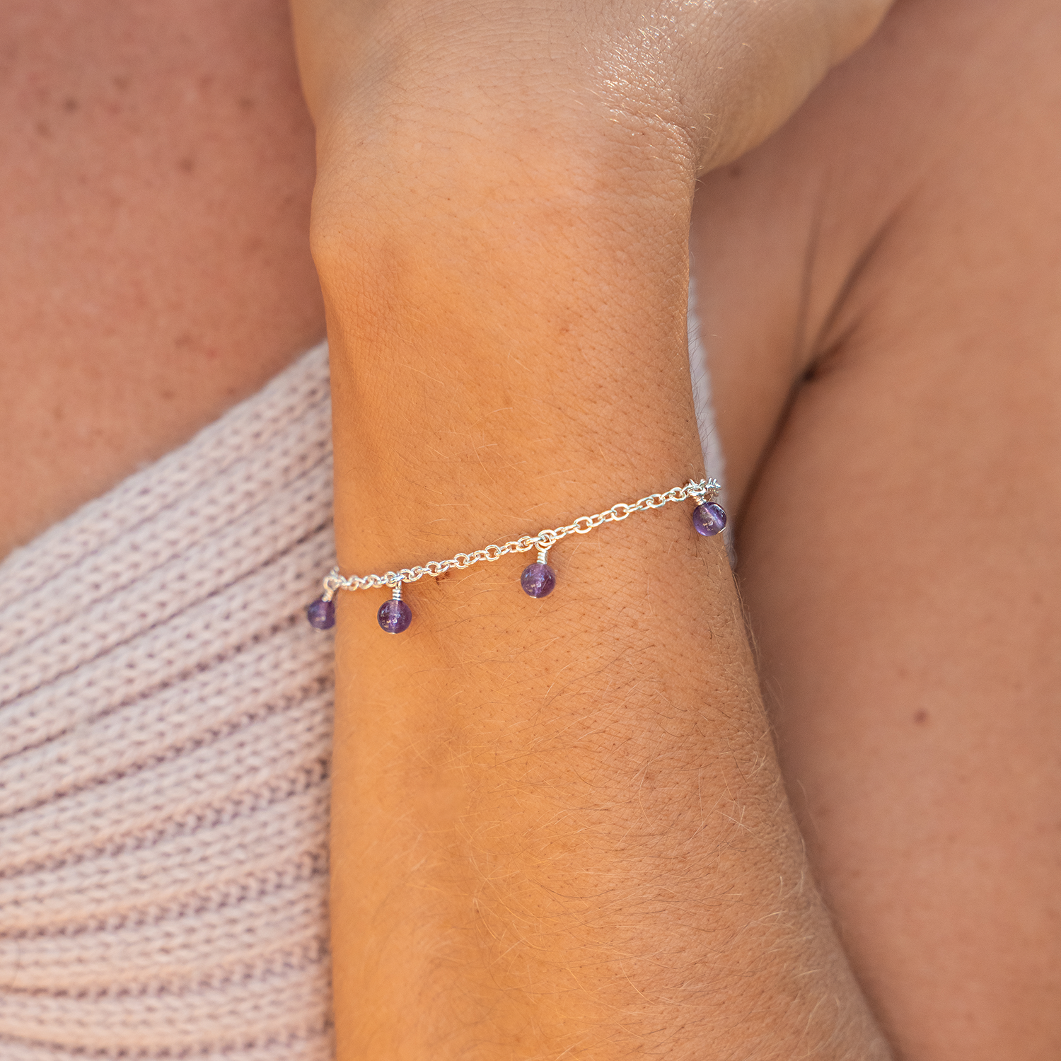 Amethyst Boho Gemstone Bead Drop Charm Bracelet