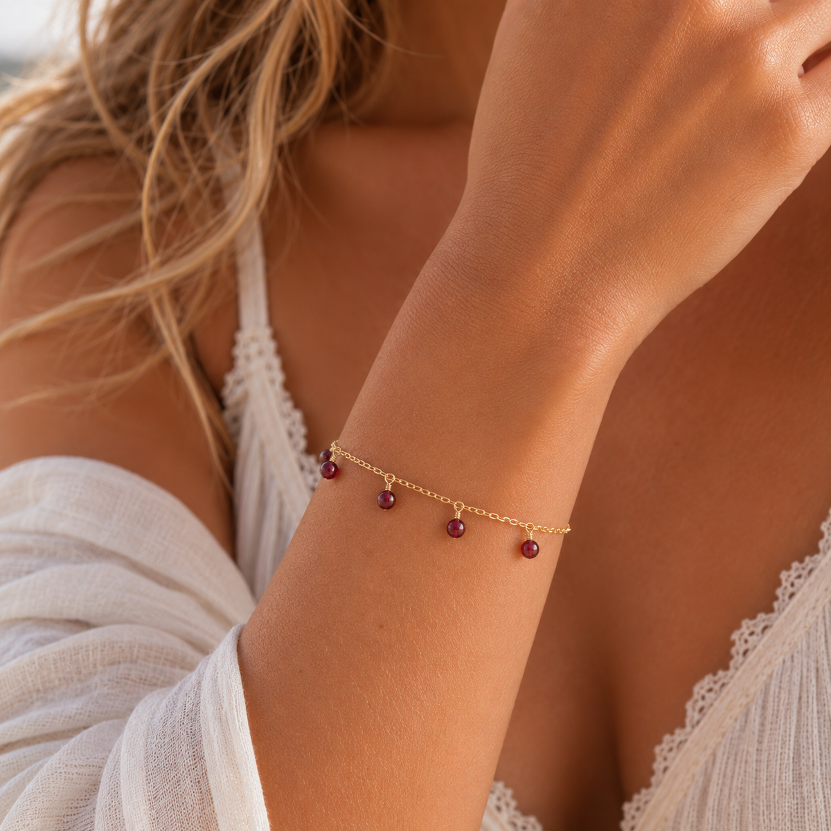 Garnet Boho Gemstone Bead Drop Charm Bracelet