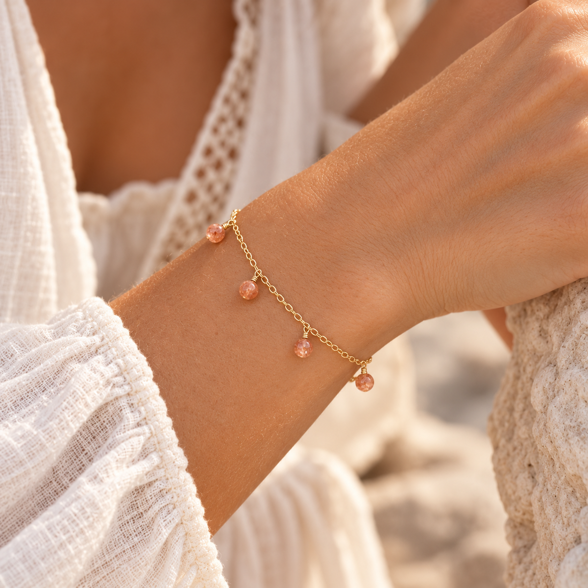 Sunstone Boho Gemstone Bead Drop Charm Bracelet
