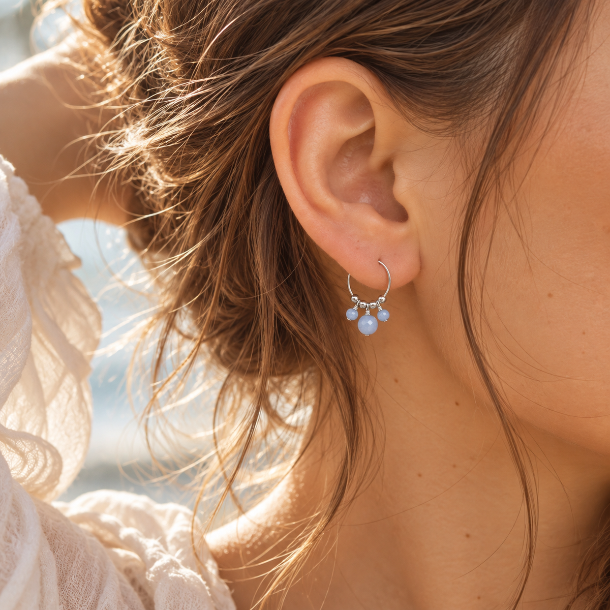 Angelite Gemstone Bead Drop Hoop Earrings