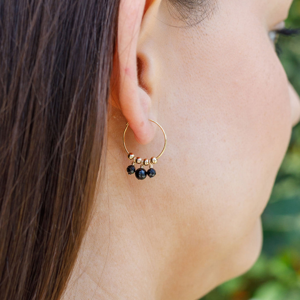 Black Tourmaline Gemstone Bead Drop Hoop Earrings