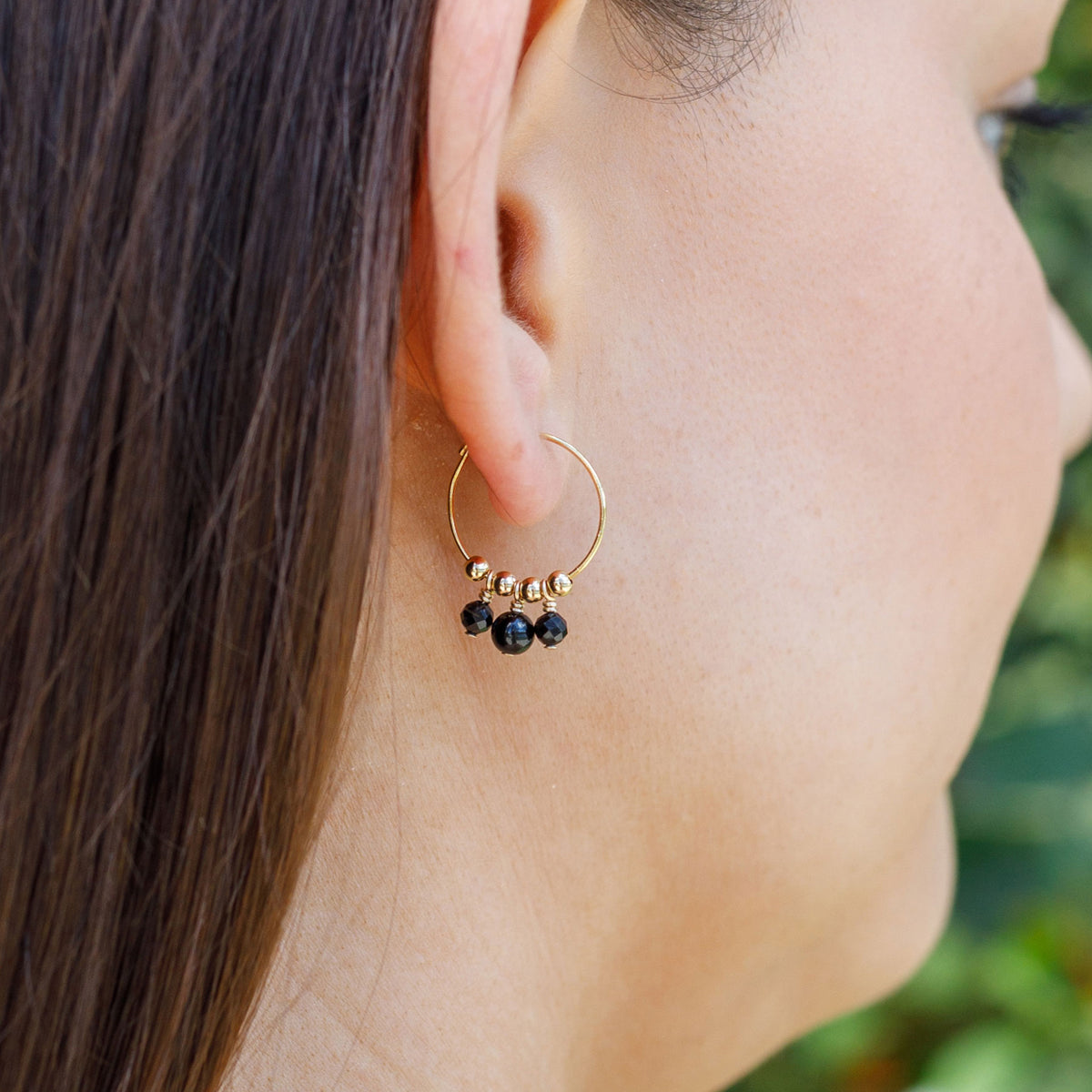 Black Tourmaline Gemstone Bead Drop Hoop Earrings