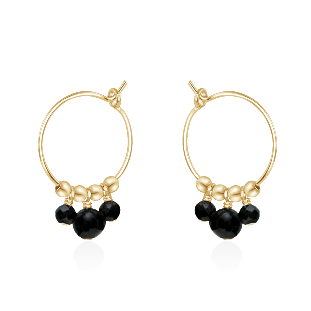 Black Tourmaline Gemstone Bead Drop Hoop Earrings