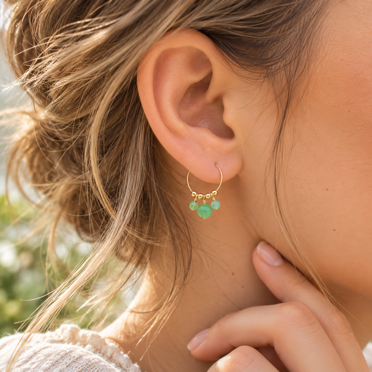 Chrysoprase Gemstone Bead Drop Hoop Earrings