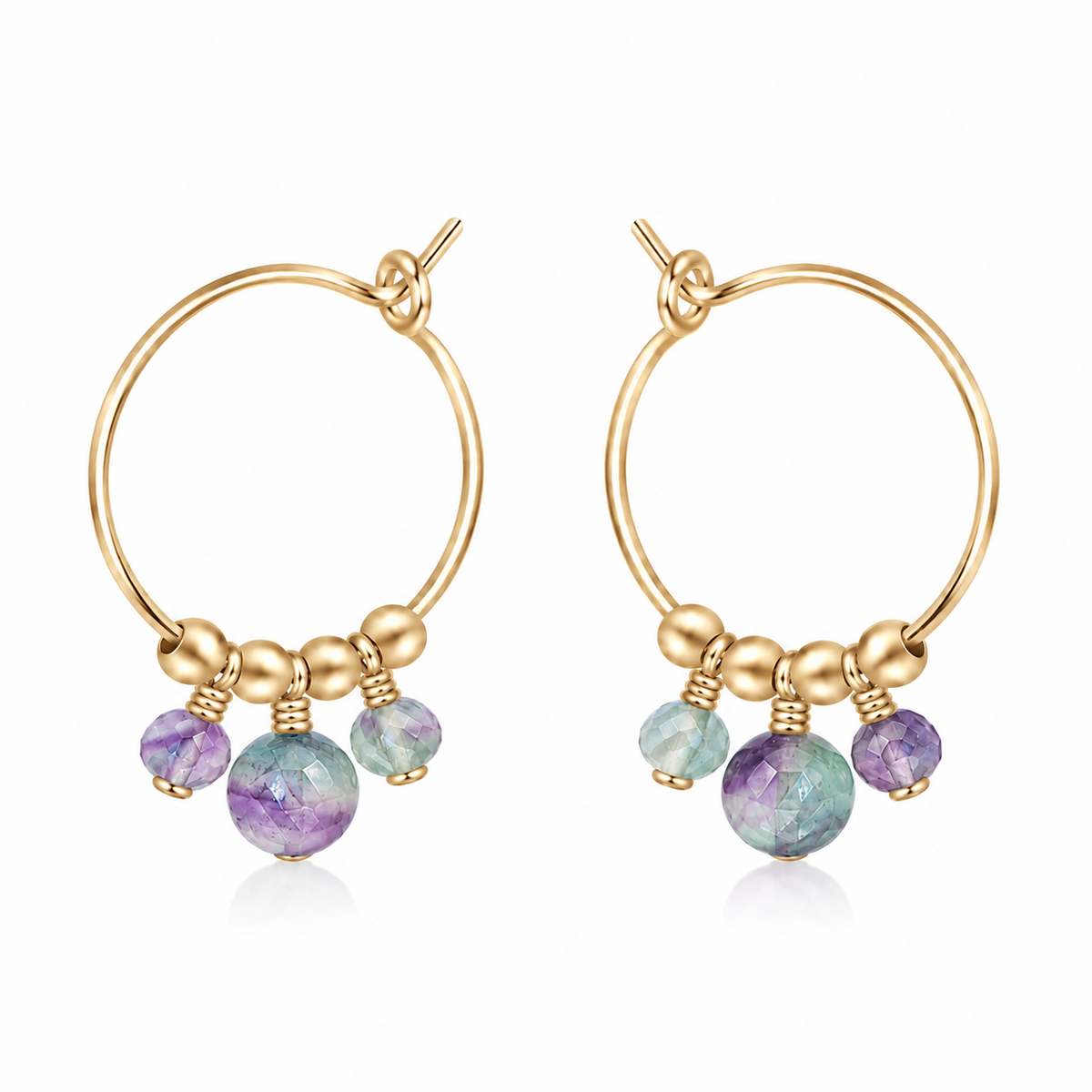 Fluorite Gemstone Bead Drop Hoop Earrings