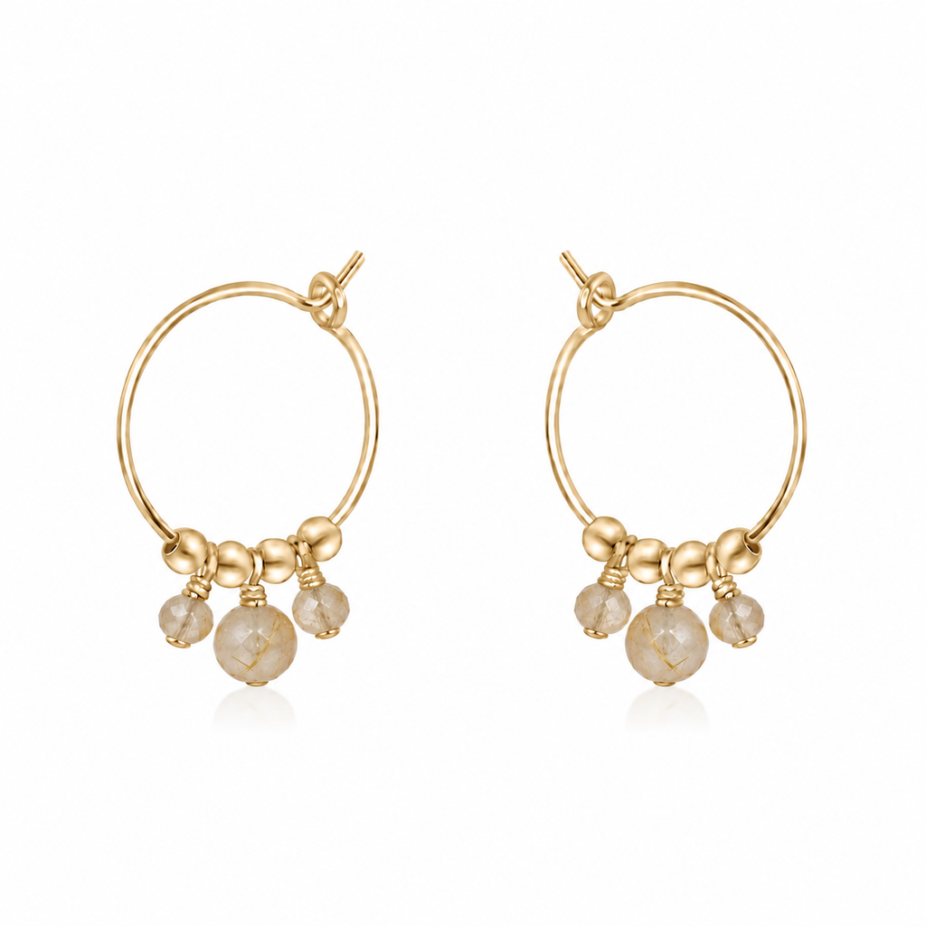 Golden Rutilated Quartz Gemstone Bead Drop Hoop Earrings