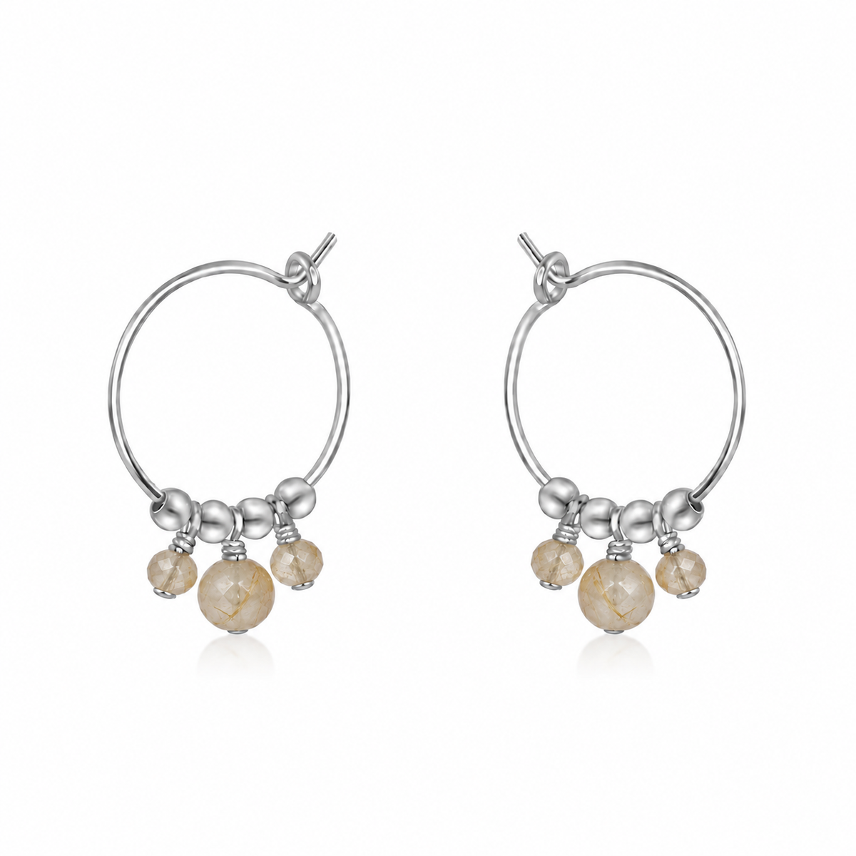 Golden Rutilated Quartz Gemstone Bead Drop Hoop Earrings