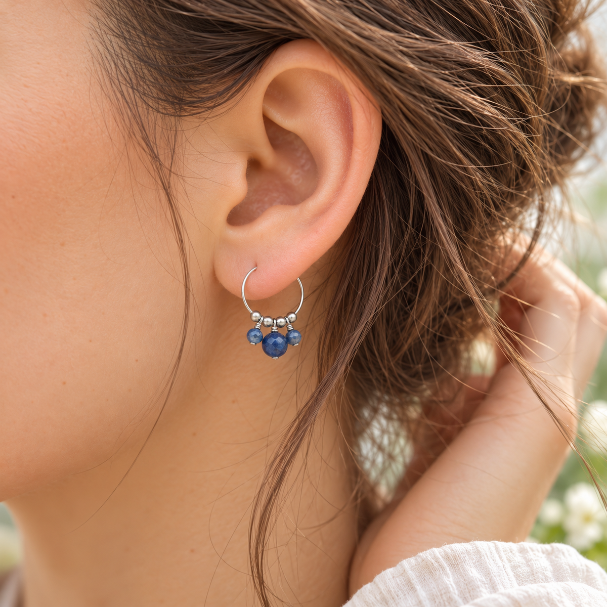 Kyanite Gemstone Bead Drop Hoop Earrings