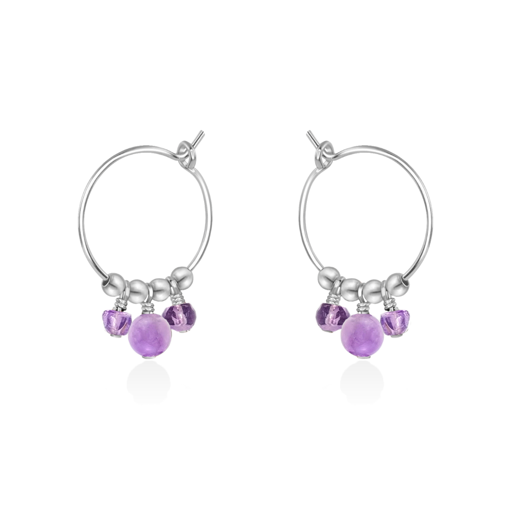 Pink Amethyst Gemstone Bead Drop Hoop Earrings