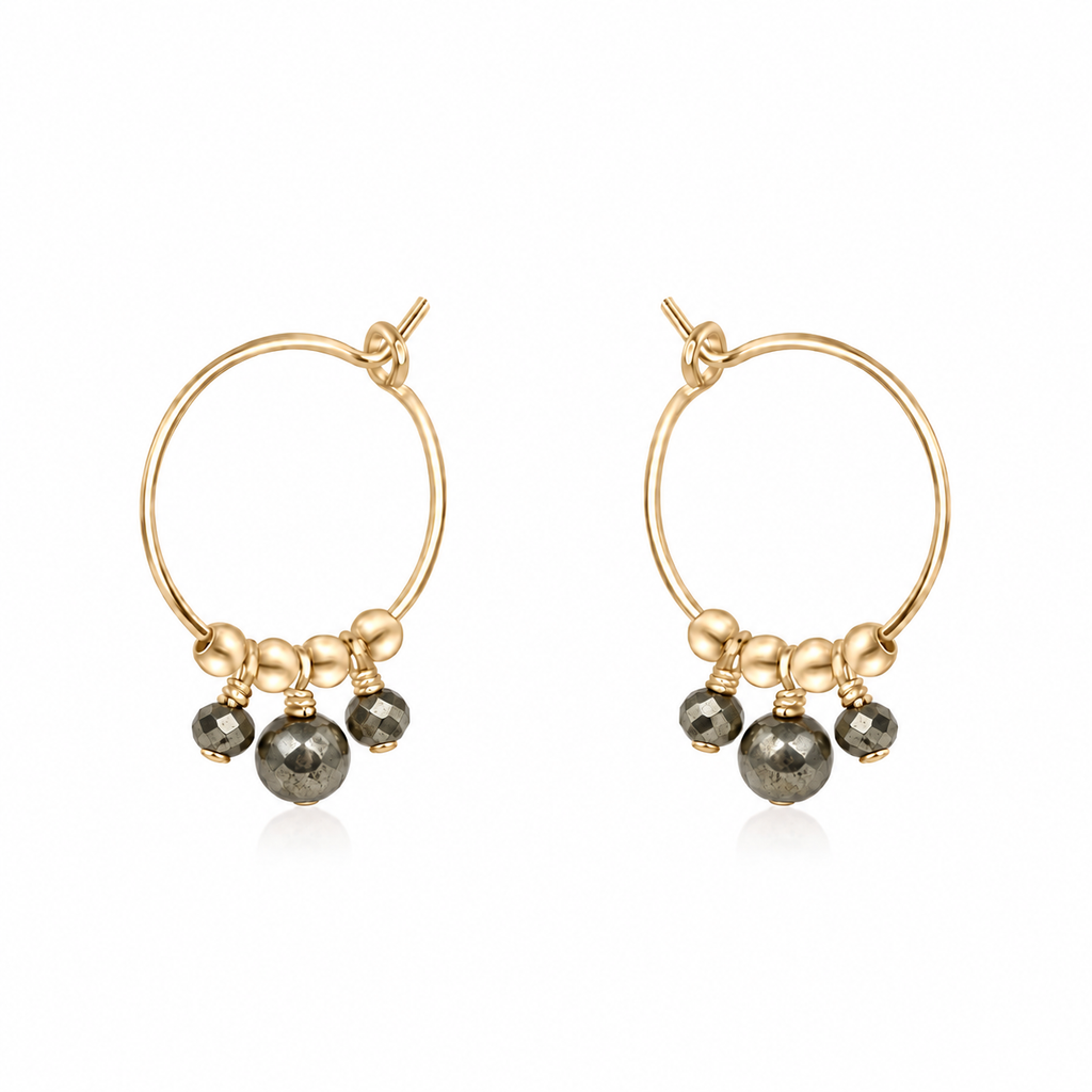 Pyrite Gemstone Bead Drop Hoop Earrings