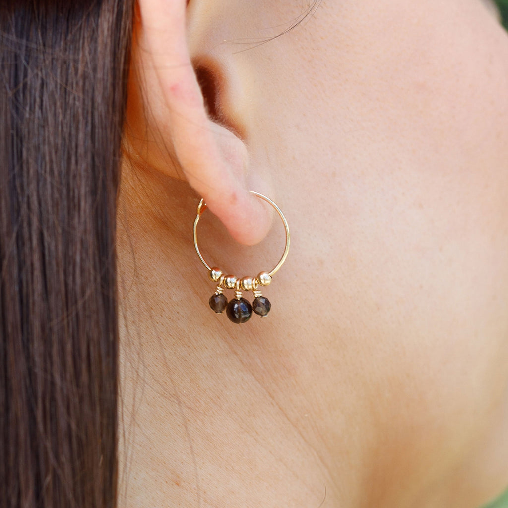 Smoky Quartz Gemstone Bead Drop Hoop Earrings