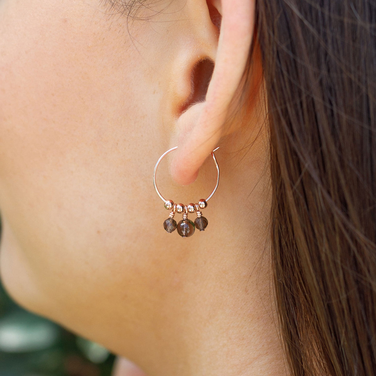 Smoky Quartz Gemstone Bead Drop Hoop Earrings
