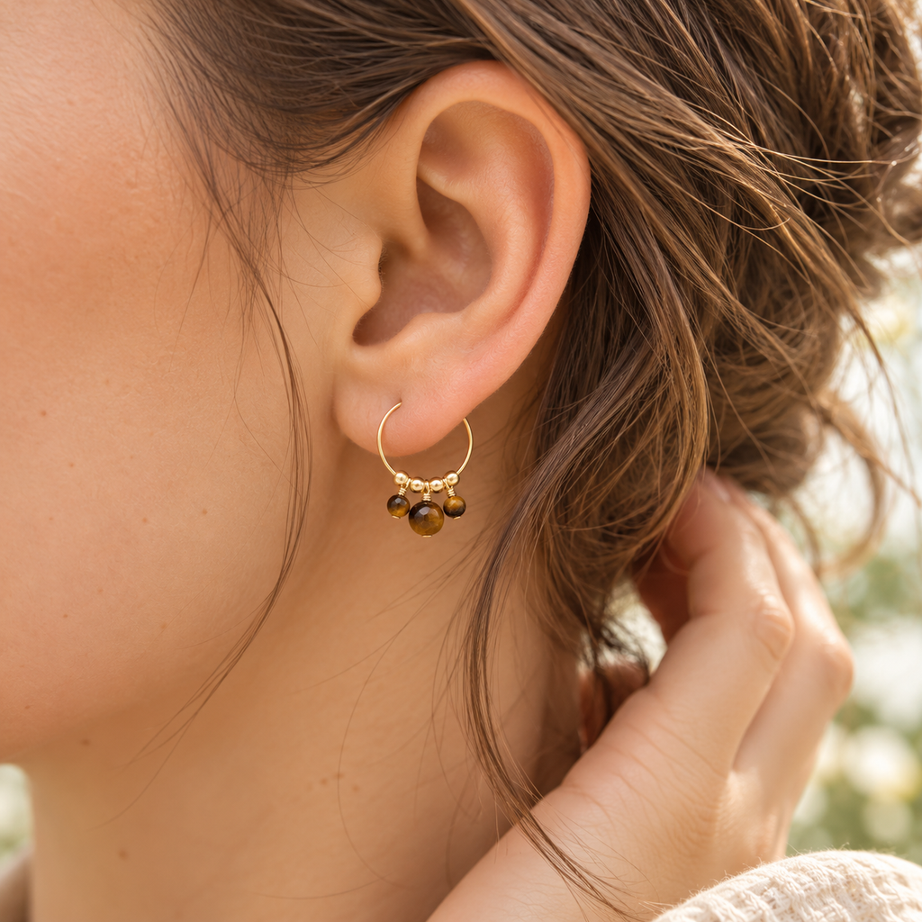 Tiger's Eye Gemstone Bead Drop Hoop Earrings