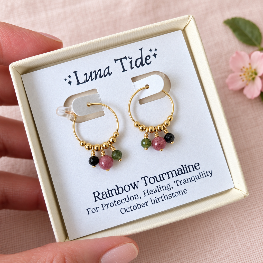 Rainbow Tourmaline Gemstone Bead Drop Hoop Earrings