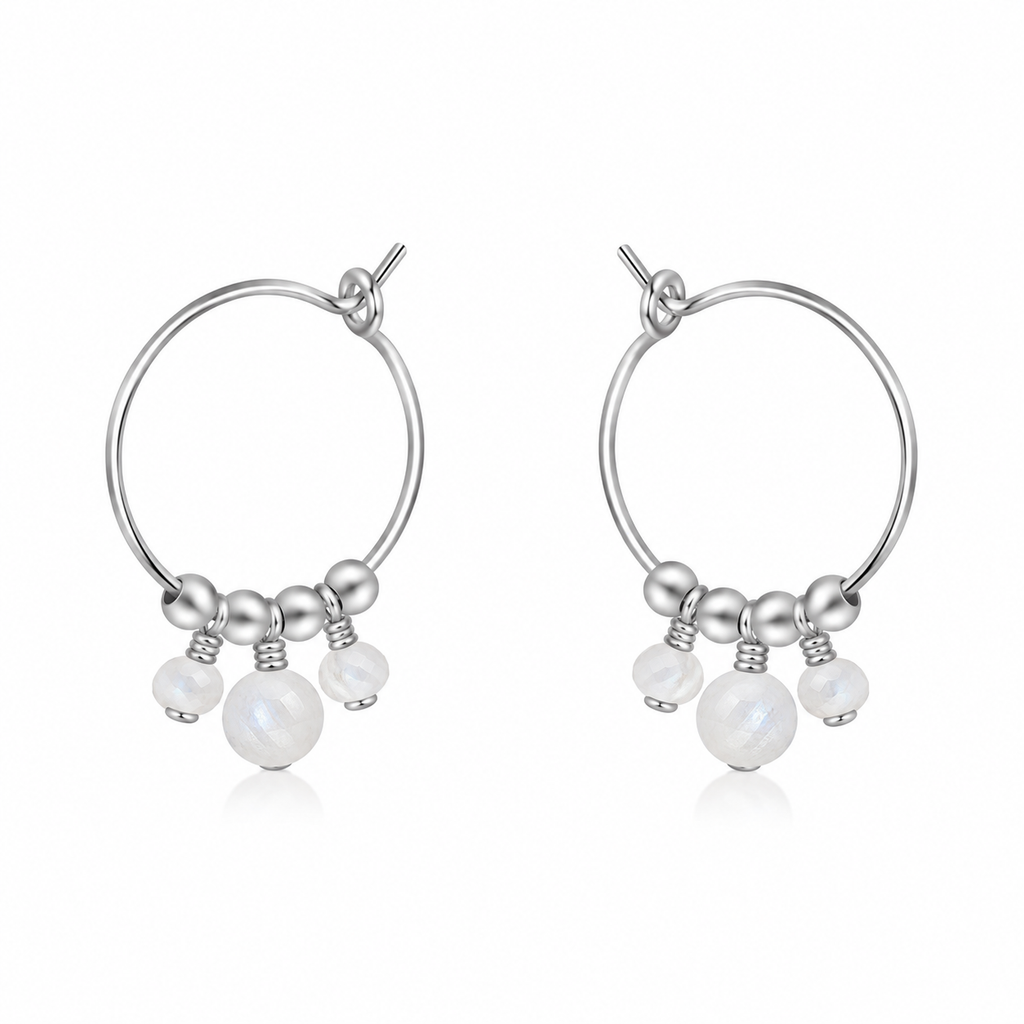 White Moonstone Gemstone Bead Drop Hoop Earrings