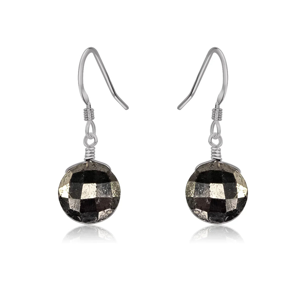 Faceted Pyrite Crystal Circle Dangle Earrings - Faceted Pyrite Crystal Circle Dangle Earrings - Stainless Steel - Luna Tide Handmade Crystal Jewellery