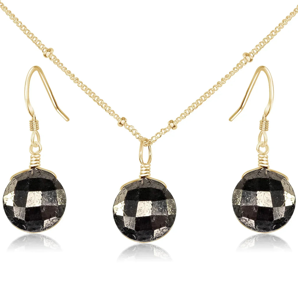 Faceted Pyrite Crystal Circle Jewellery Set - Faceted Pyrite Crystal Circle Jewellery Set - 14k Gold Fill / Satellite / Necklace & Earrings - Luna Tide Handmade Crystal Jewellery