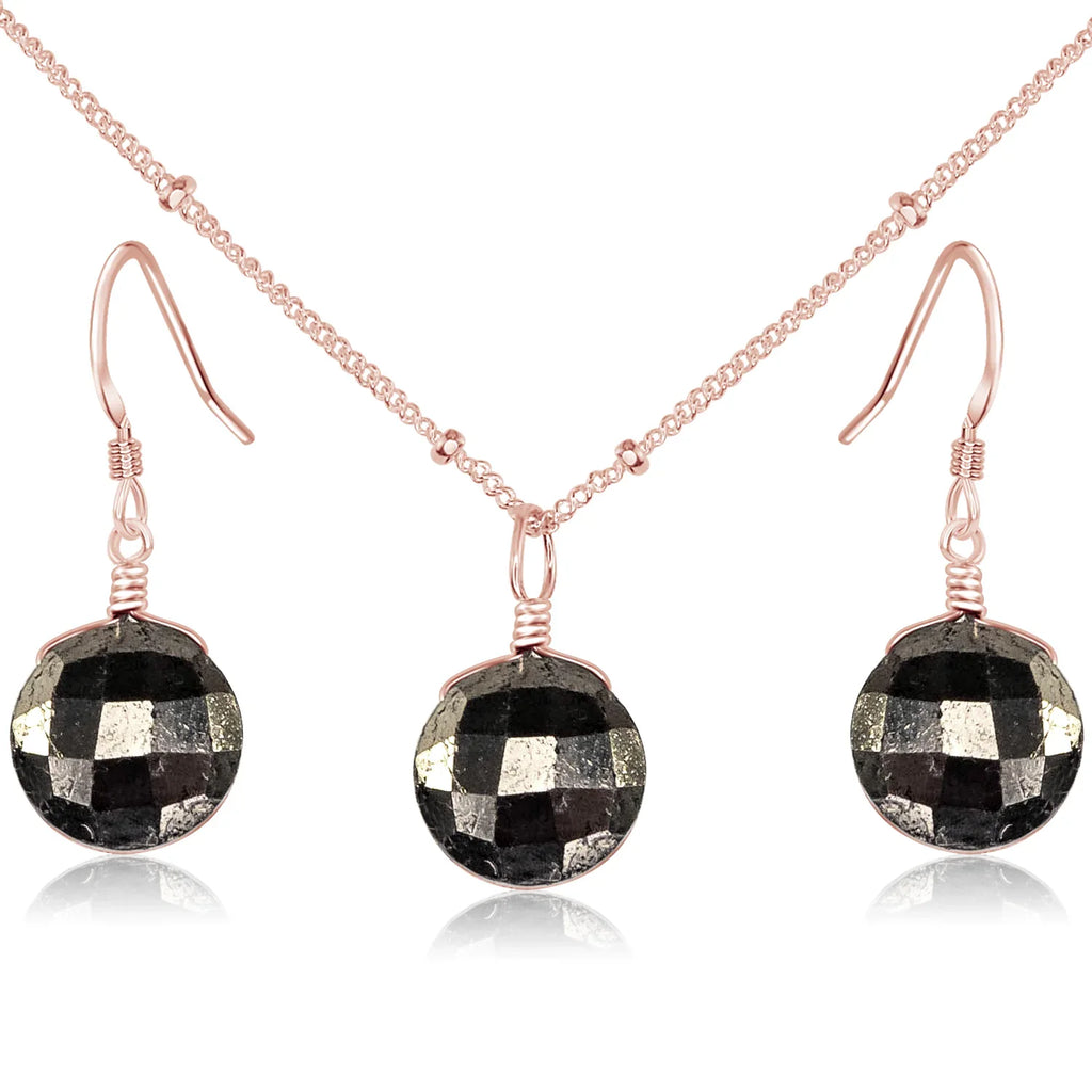 Faceted Pyrite Crystal Circle Jewellery Set - Faceted Pyrite Crystal Circle Jewellery Set - 14k Rose Gold Fill / Satellite / Necklace & Earrings - Luna Tide Handmade Crystal Jewellery